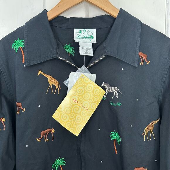 The Quacker Factory Jacket Womens L Black Zebra Giraffe Monkey Safari Palm Trees - Picture 6 of 9